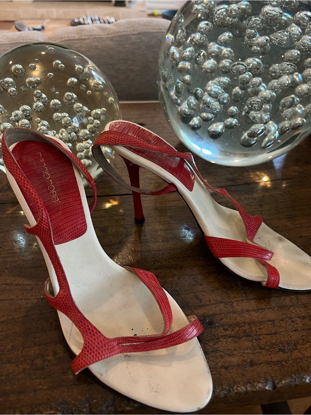 Vintage Sergio Rossi Red Snakeskin Strappy High Heel Sandals - Unbranded